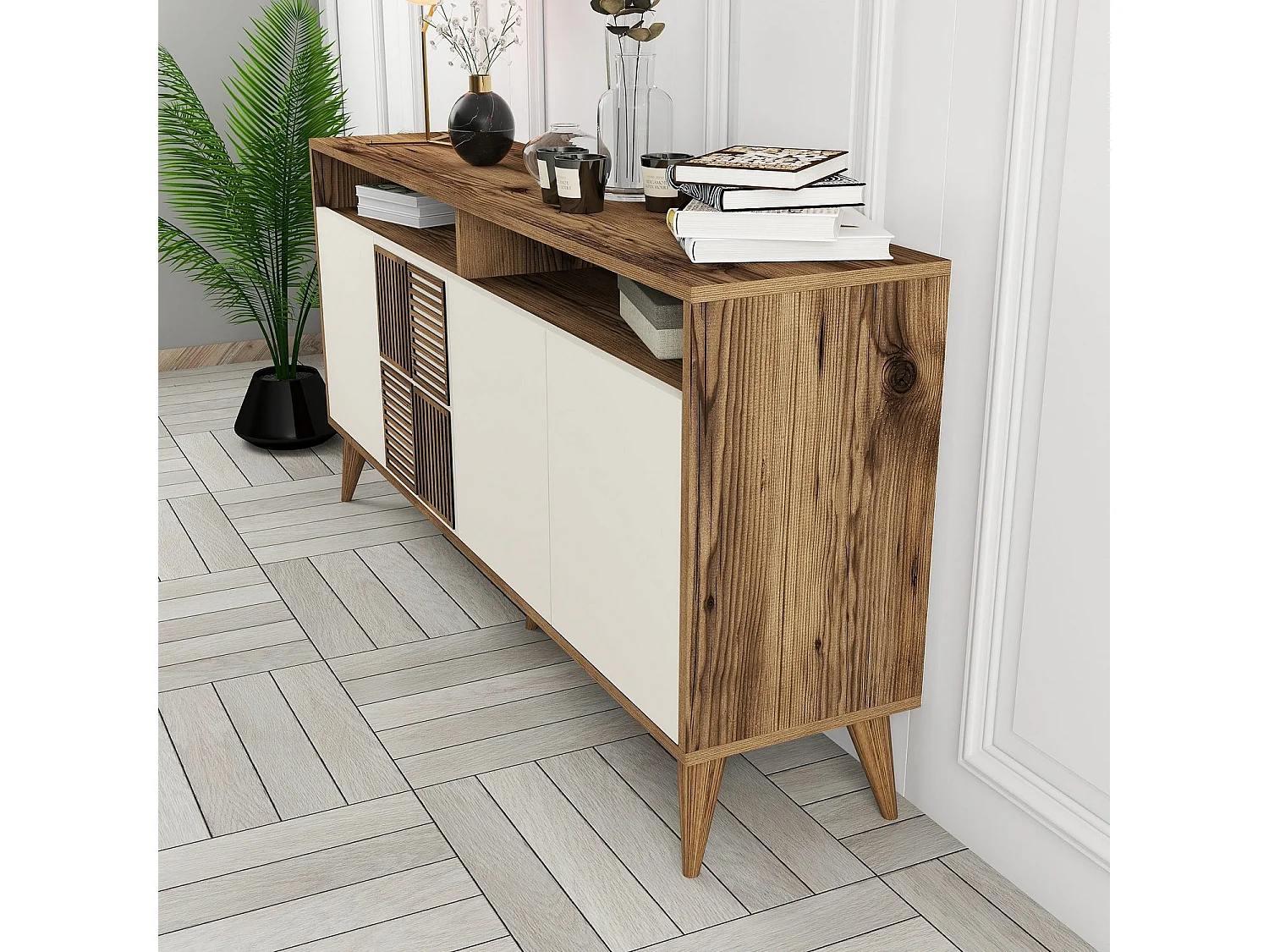 Buffet bas 4 portes et 2 tiroirs Kaltes L160cm Bois et Blanc crème