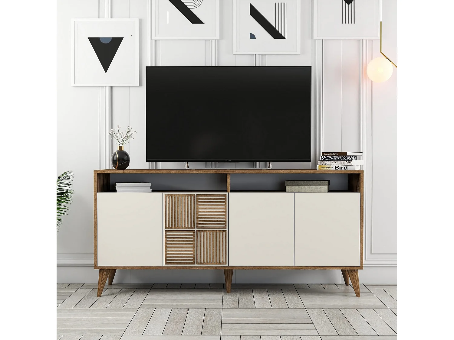 Buffet bas 4 portes et 2 tiroirs Kaltes L160cm Bois et Blanc crème