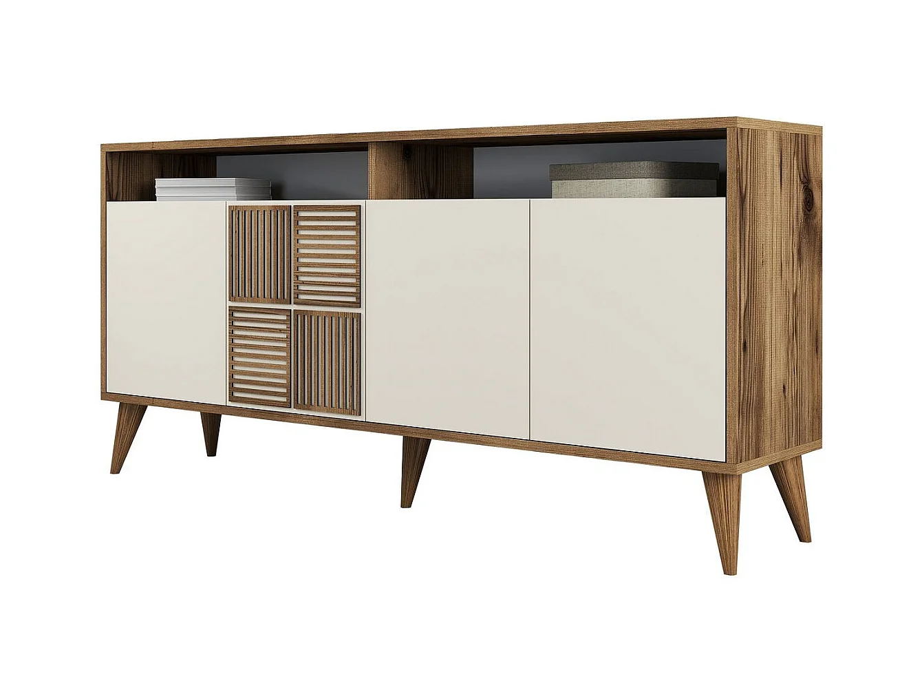 Modern dressoir – 160 x 78 x 35 cm – Walnoot en crème – Melamine