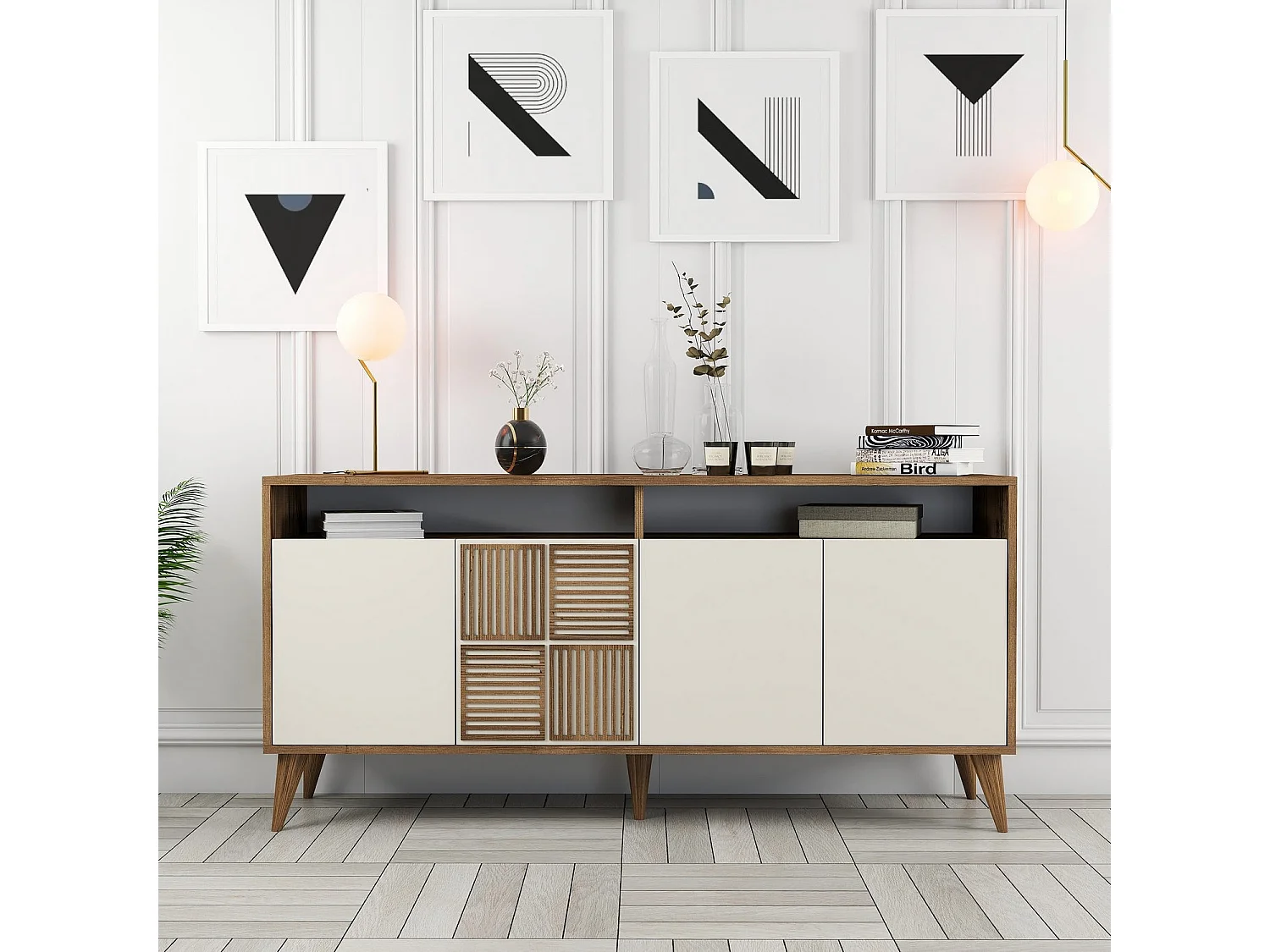 Buffet bas 4 portes et 2 tiroirs Kaltes L160cm Bois et Blanc crème