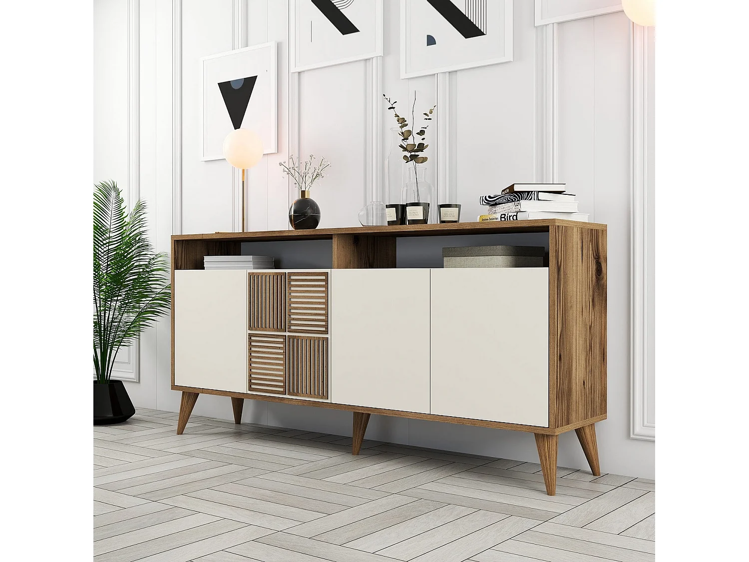 Buffet bas 4 portes et 2 tiroirs Kaltes L160cm Bois et Blanc crème
