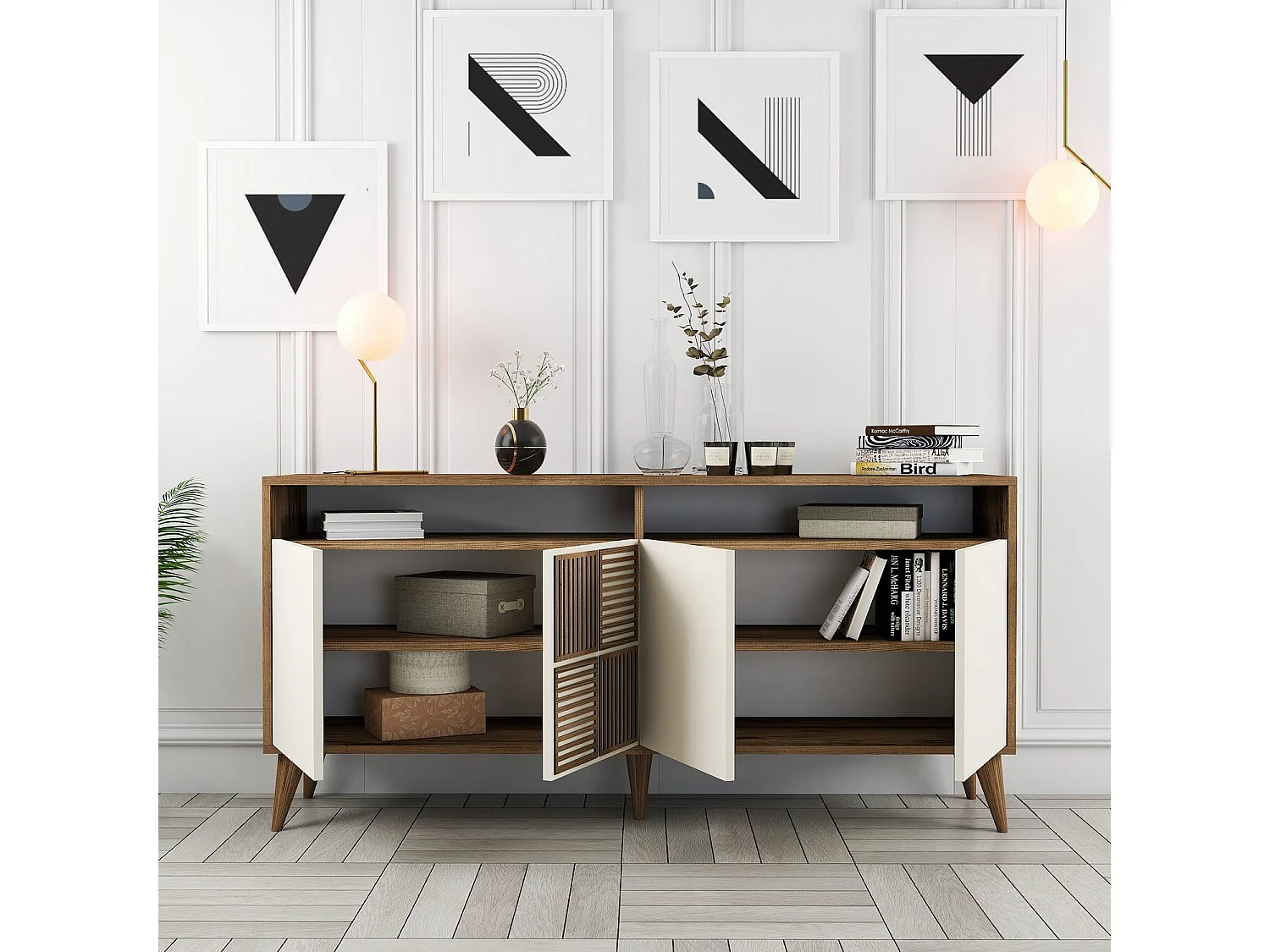 Buffet bas 4 portes et 2 tiroirs Kaltes L160cm Bois et Blanc crème