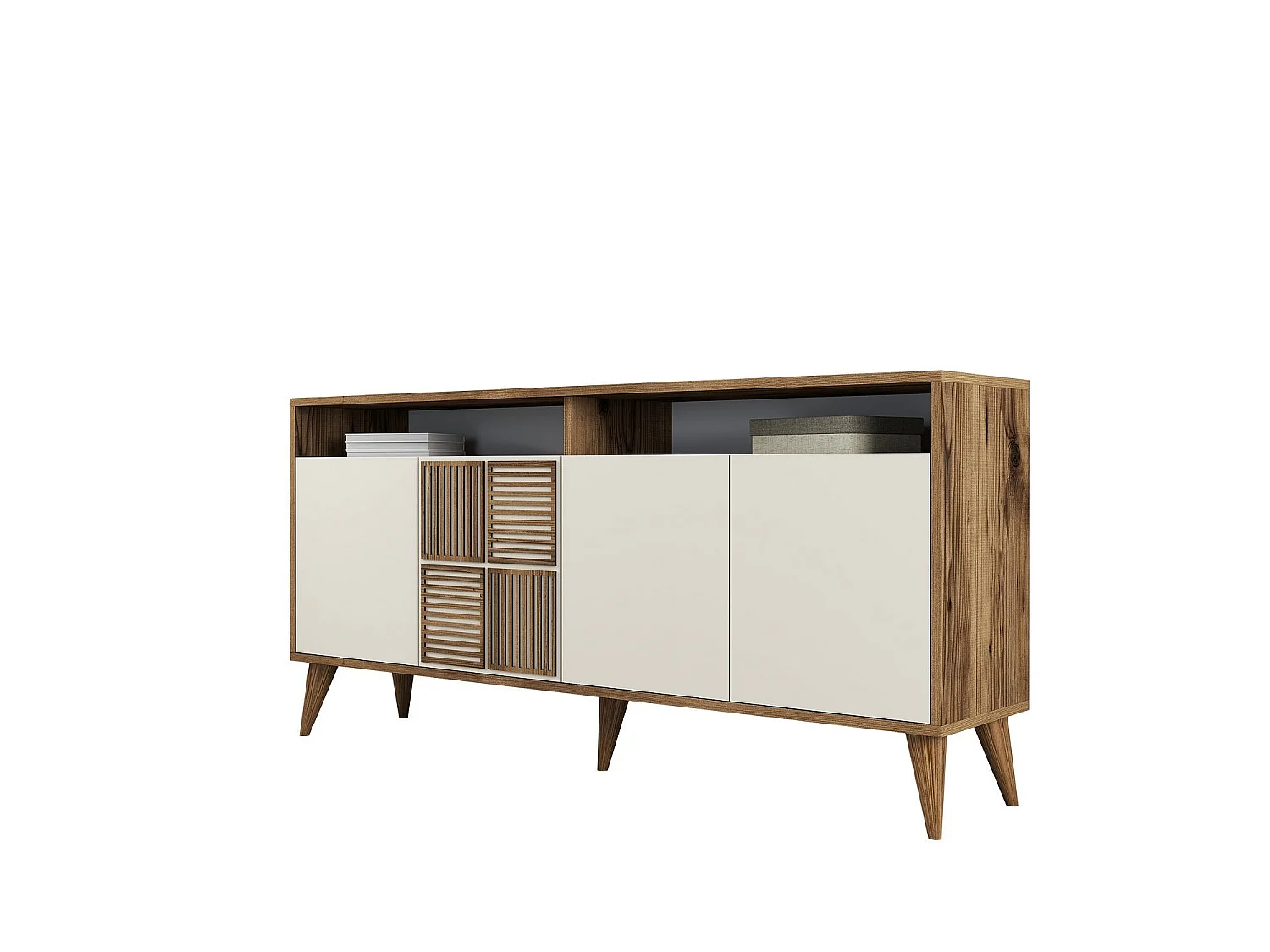 Buffet bas 4 portes et 2 tiroirs Kaltes L160cm Bois et Blanc crème