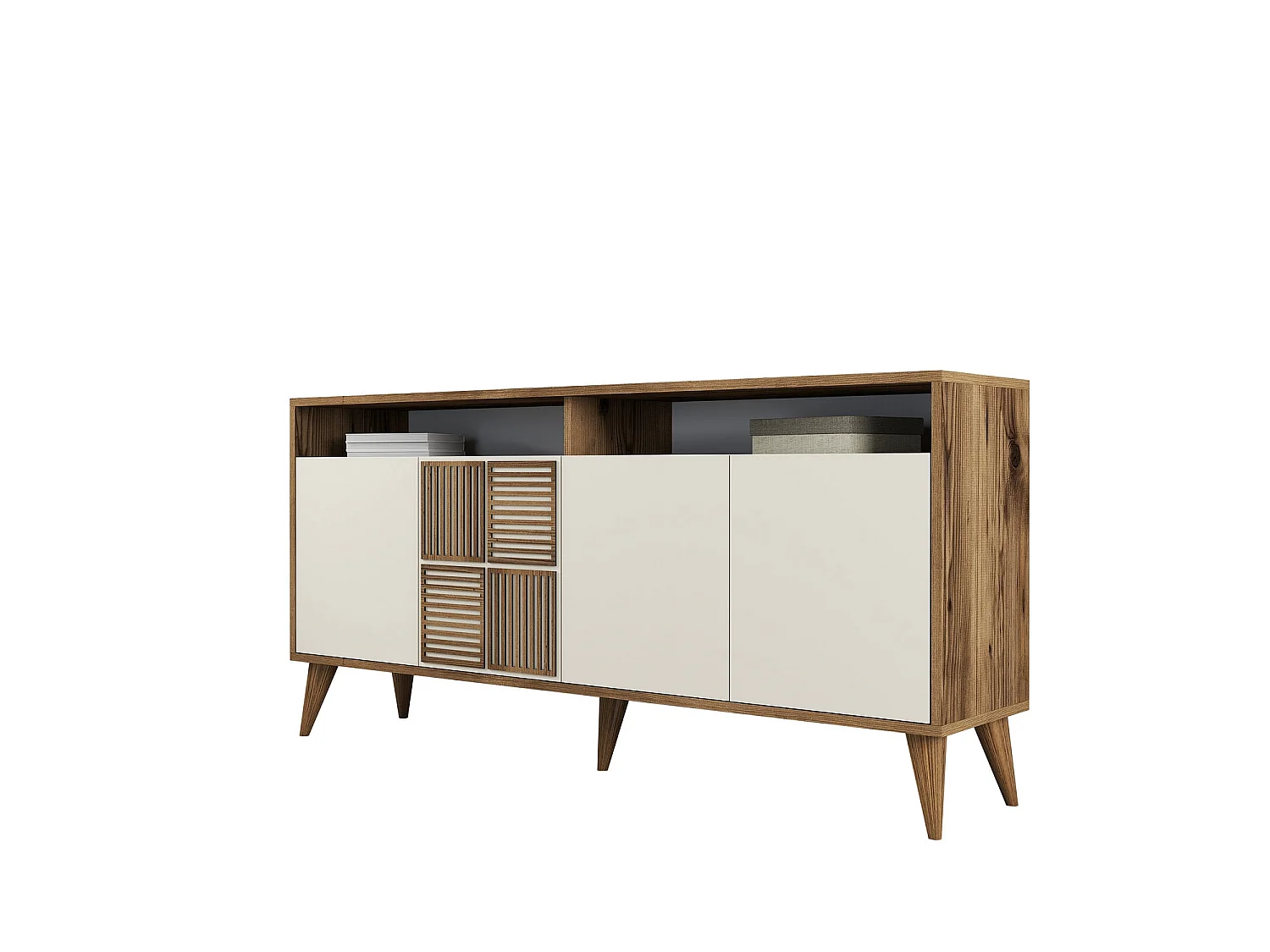 Buffet bas 4 portes et 2 tiroirs Kaltes L160cm Bois et Blanc crème