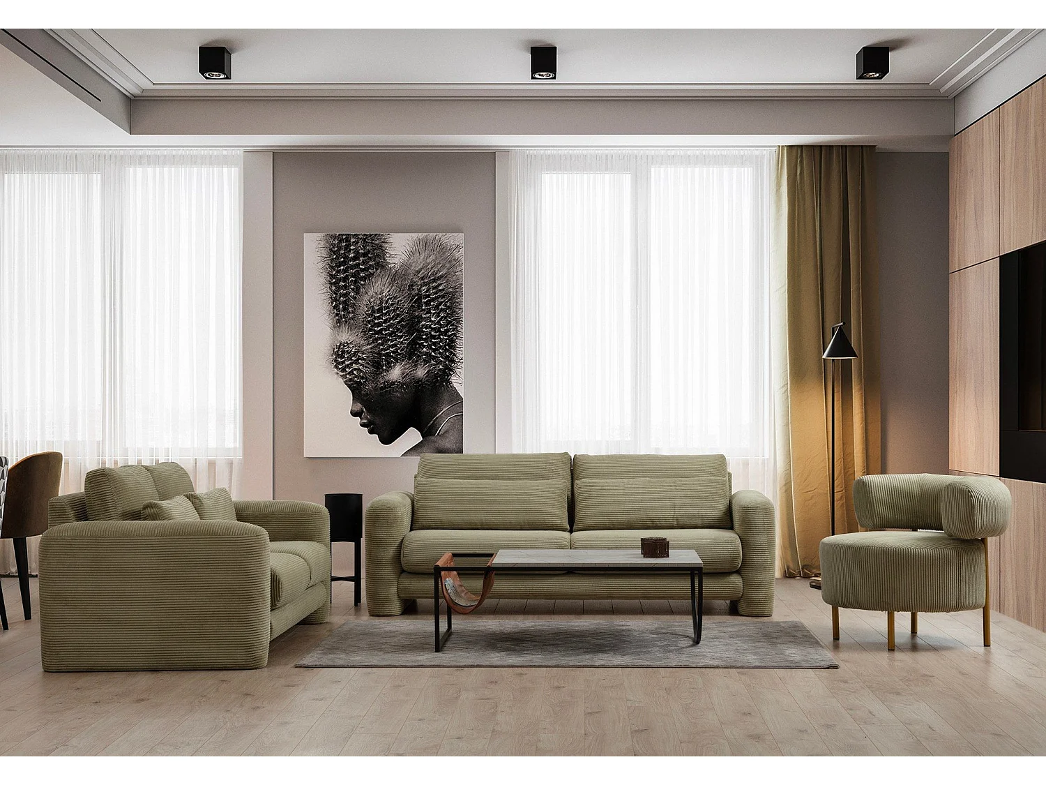 Divano Altadena 331, Verde, 215x97x73cm, Arazzo, Gambe: Plastica