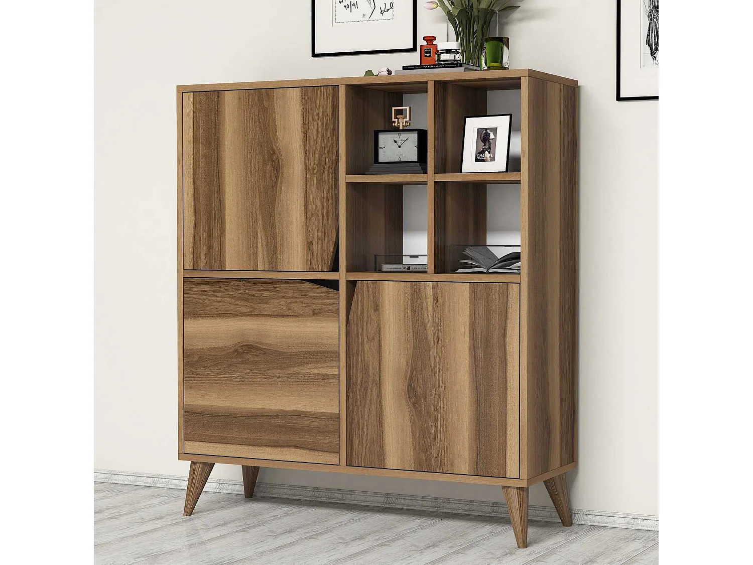 Buffet haut 3 portes et 4 niches Batista L100xH115cm Bois naturel