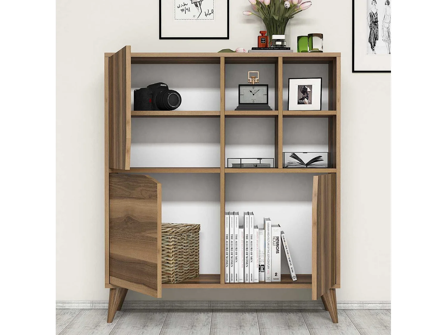 Buffet haut 3 portes et 4 niches Batista L100xH115cm Bois naturel