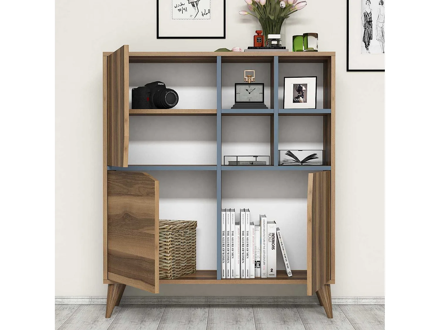 Buffet haut 3 portes et 4 niches Batista L100xH115cm Bois naturel et Bleu