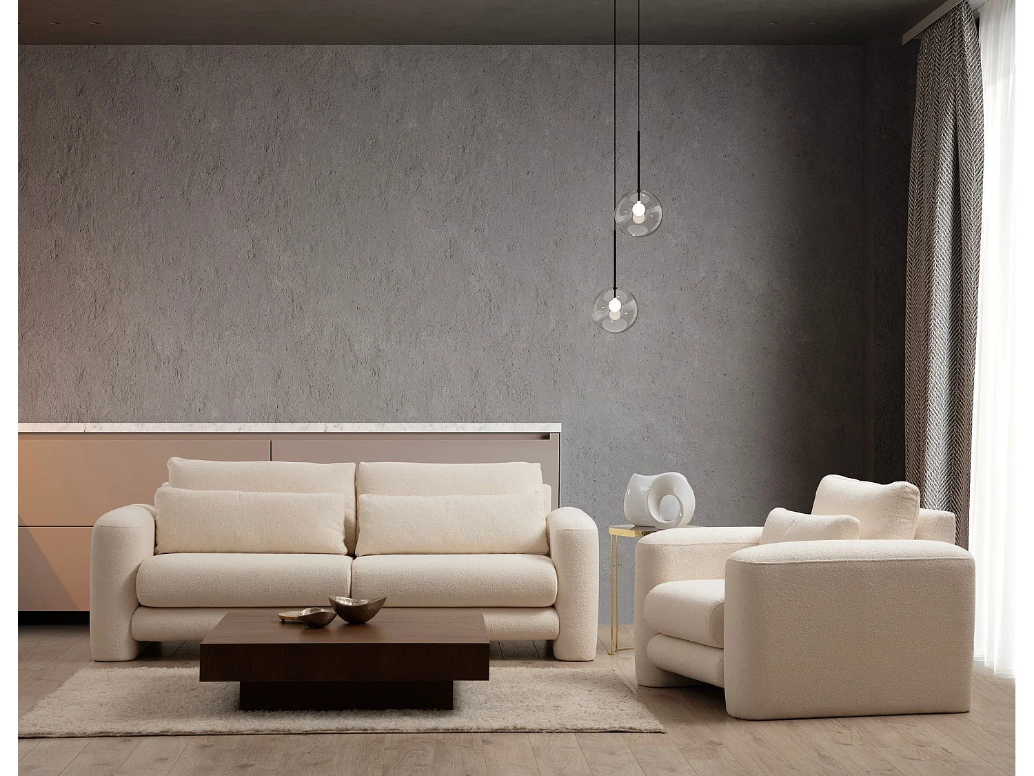 Fauteuil Harpie Tissu bouclettes Blanc crème