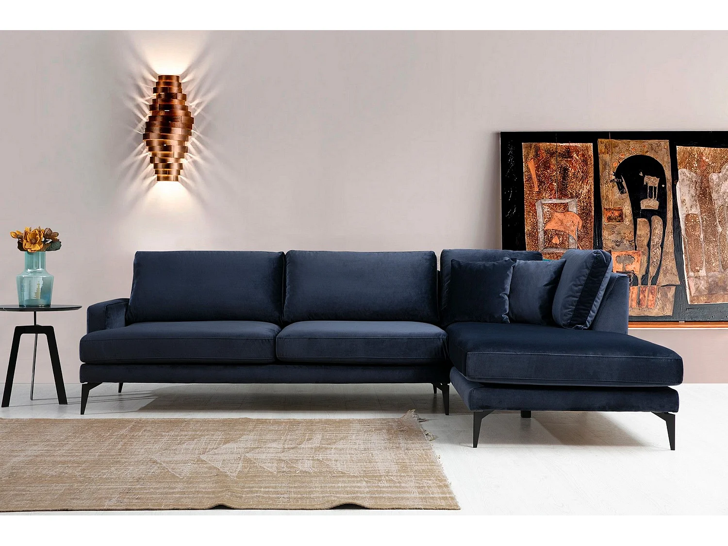 Kombaz design hoekbank rechts in marineblauwe fluweelachtige stof 283 cm