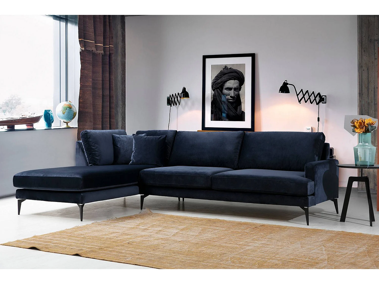 Hoekbank links design marineblauw fluweelachtige stof Kombaz 283 cm