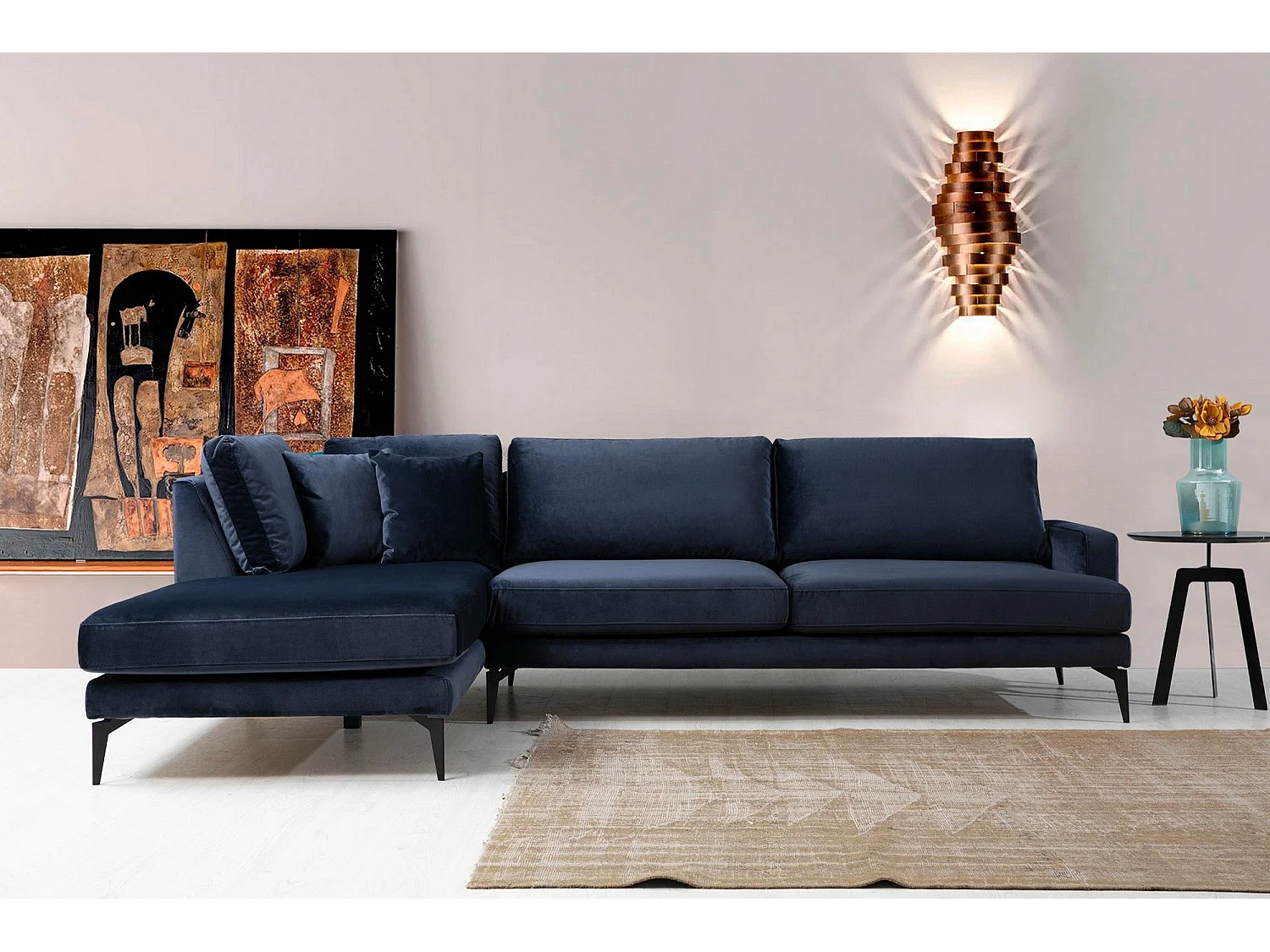 Hoekbank links design marineblauw fluweelachtige stof Kombaz 283 cm