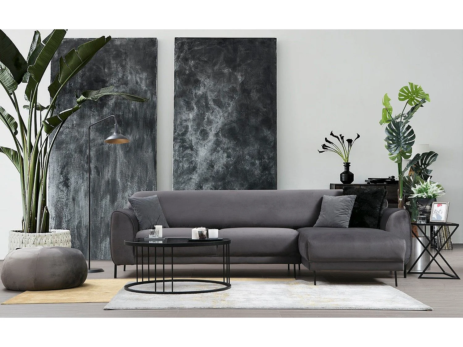 Canapé d'angle à droite Laysan Velours Anthracite