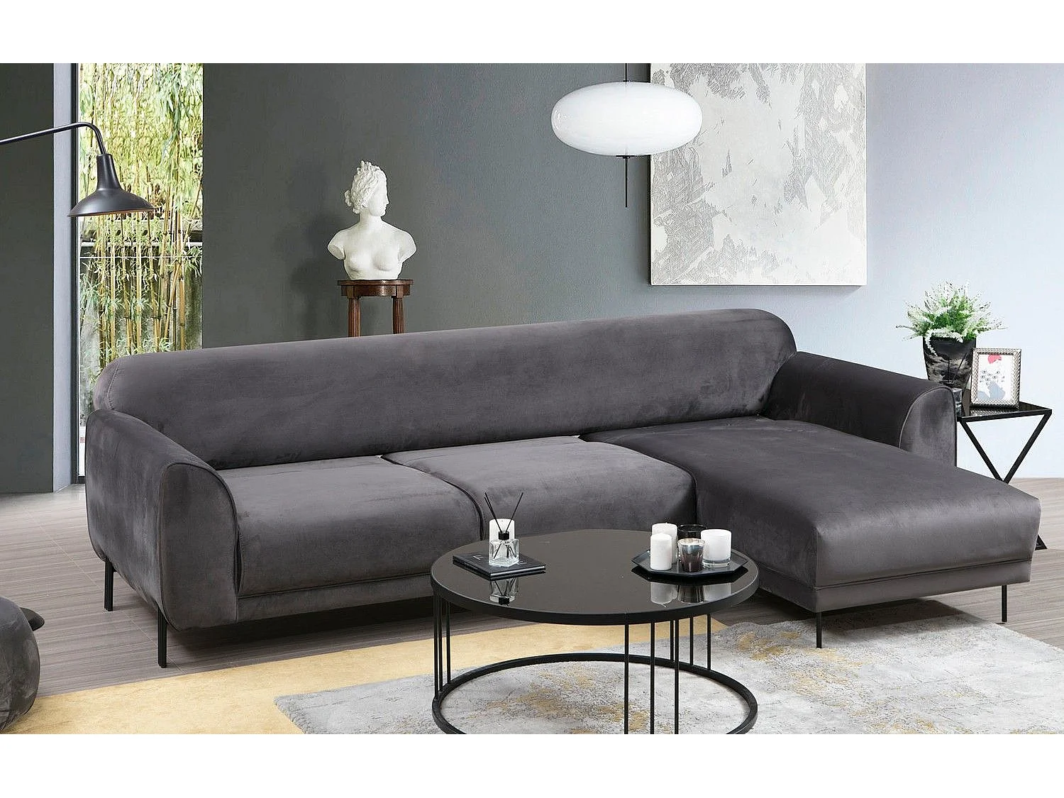 Canapé d'angle à droite Laysan Velours Anthracite