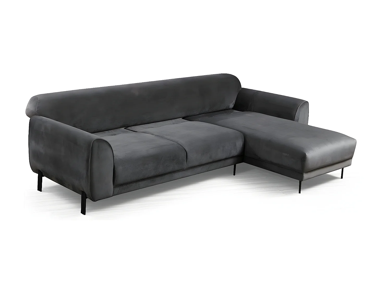 Designer rechterhoekbank in donkergrijs fluweel en zwarte stalen poten Liza
