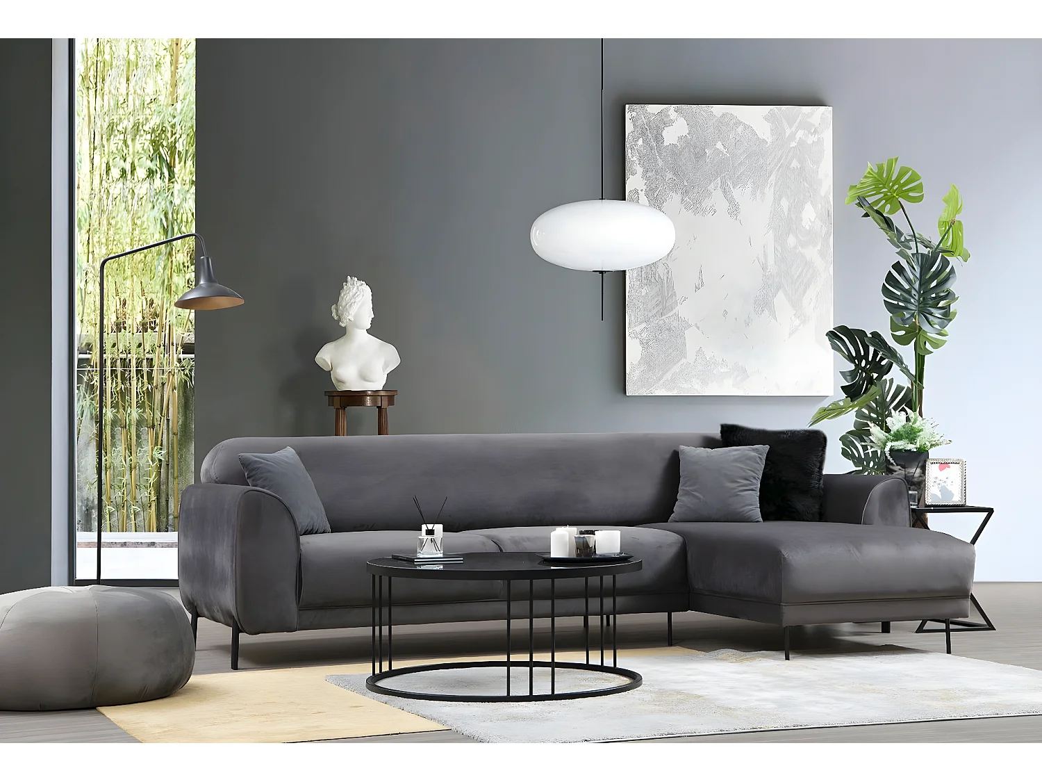 Designer rechterhoekbank in donkergrijs fluweel en zwarte stalen poten Liza