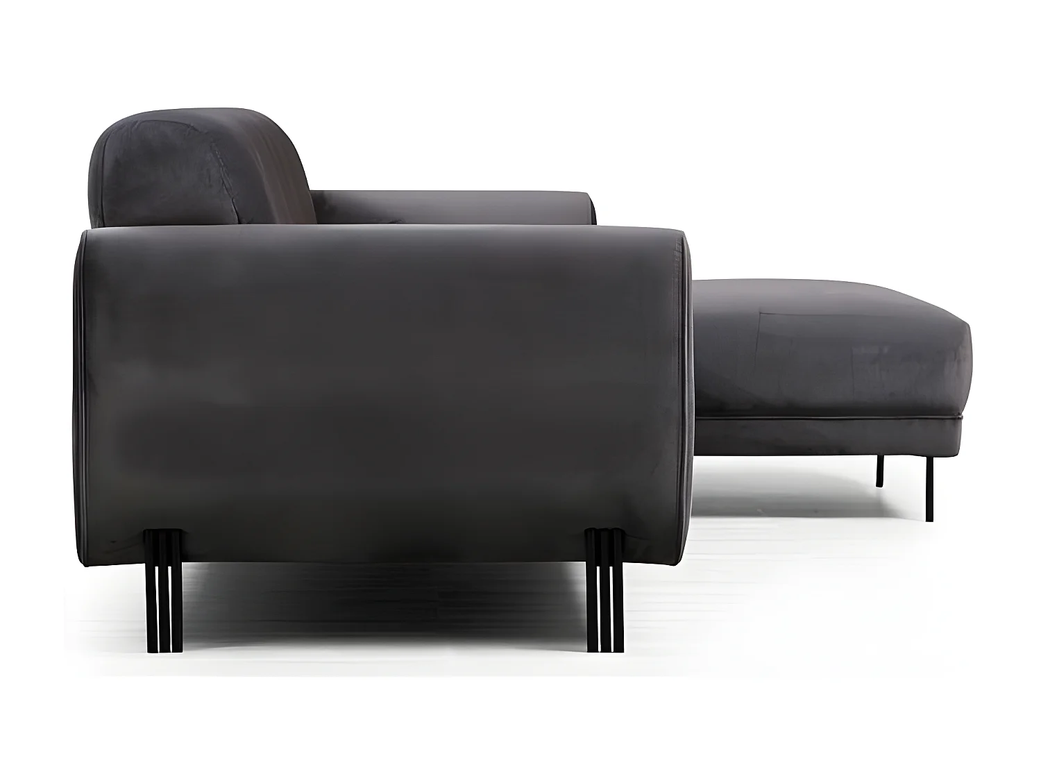 Designer rechterhoekbank in donkergrijs fluweel en zwarte stalen poten Liza