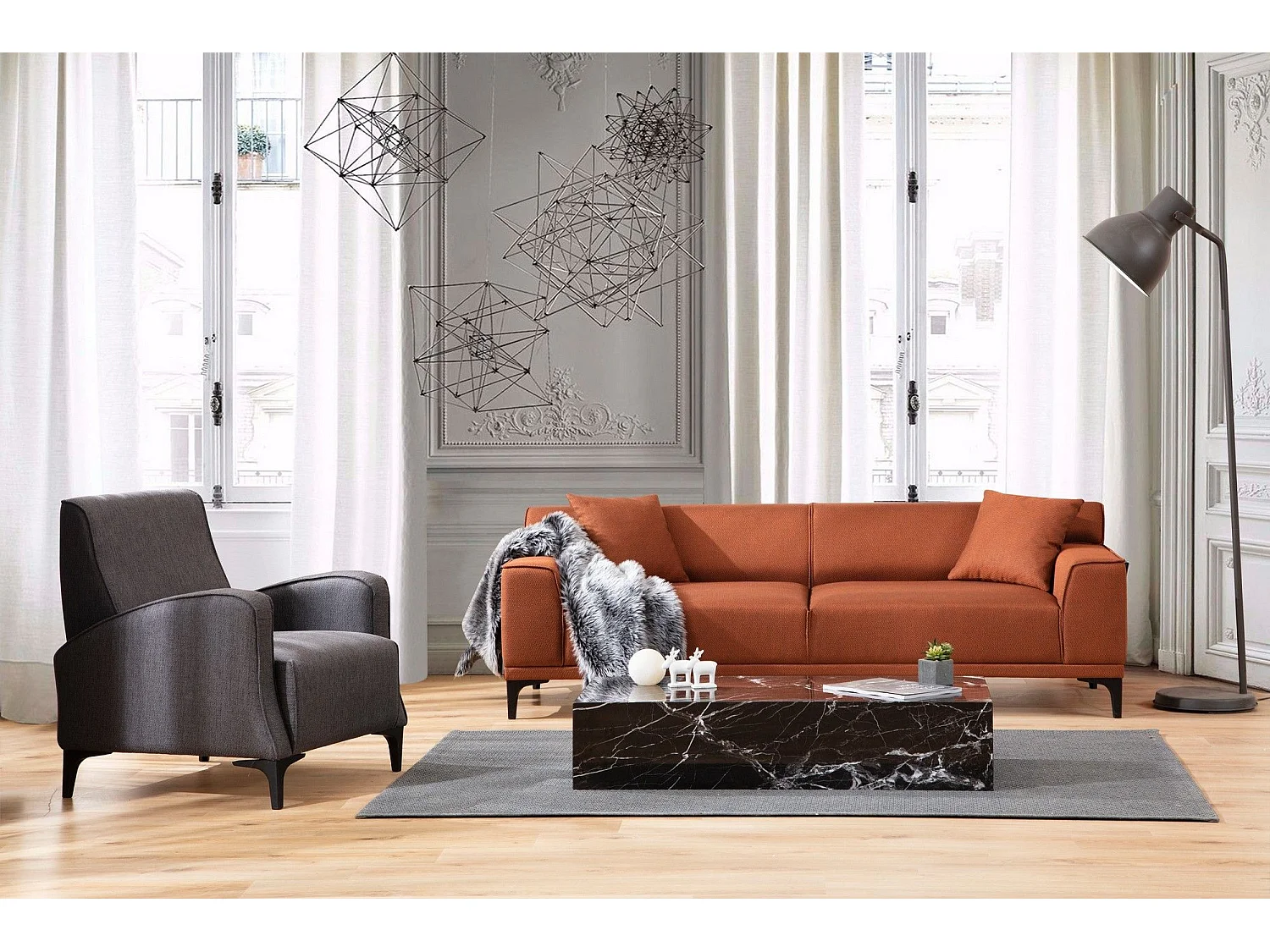 Canapé 3 places avec 2 coussins Navagio Tissu Orange