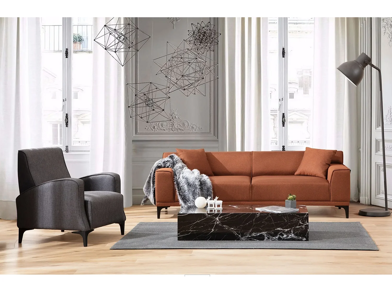 Canapé 3 places avec 2 coussins Navagio Tissu Orange