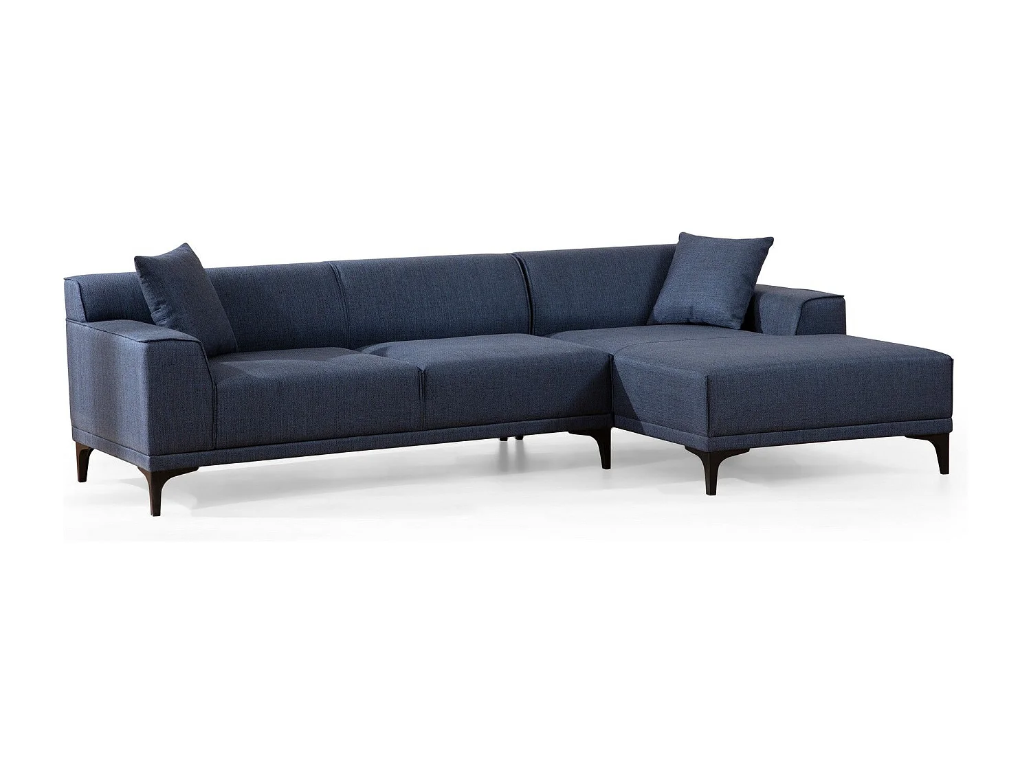 Moderne hoekbank rechts in blauwe stof met 2 kussens Tivano 250 cm