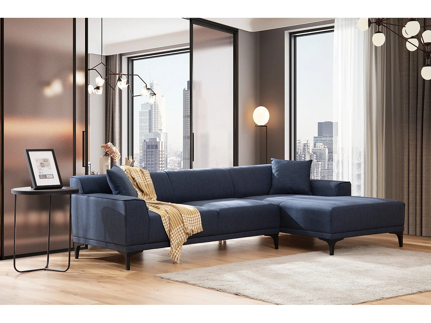 Moderne hoekbank rechts in blauwe stof met 2 kussens Tivano 250 cm