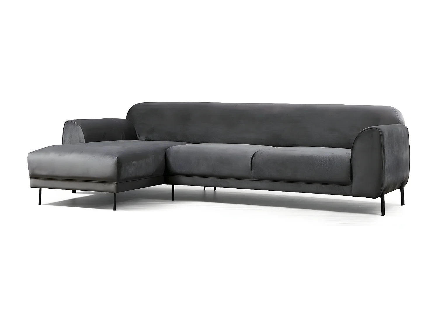 Liza design hoekbank links in donkergrijs fluweel en zwarte stalen poten