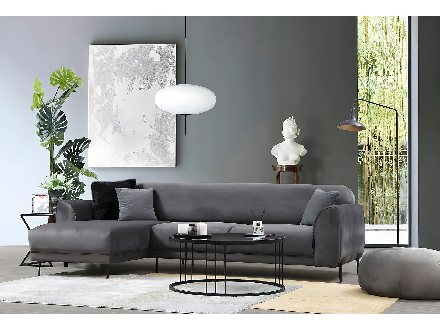 Liza design hoekbank links in donkergrijs fluweel en zwarte stalen poten