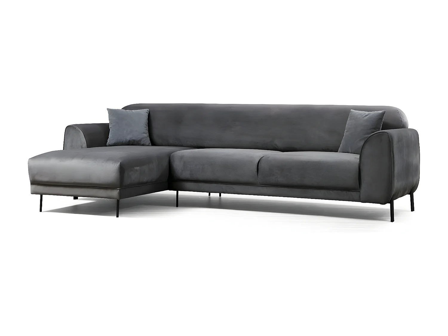 Liza design hoekbank links in donkergrijs fluweel en zwarte stalen poten