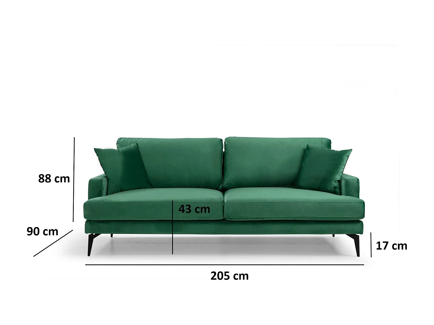 Sofá Altadena 373, Verde, 205x90x88cm, Tapiz, Patas: Metal