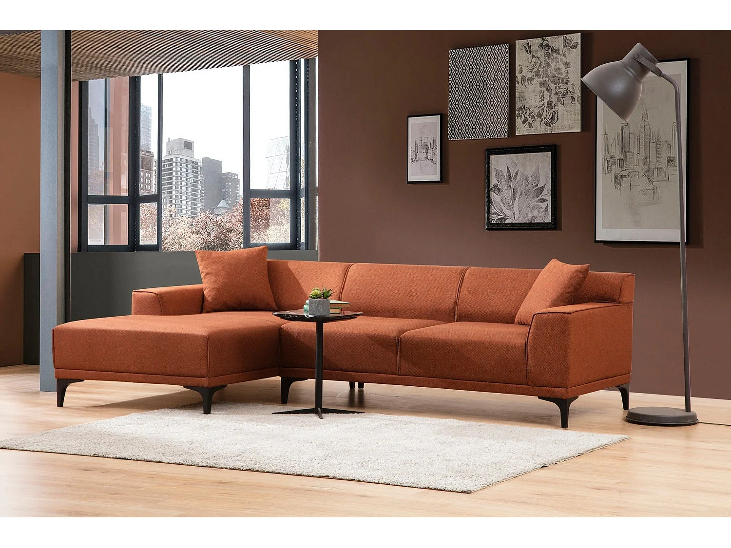 Moderne hoekbank links in oranje stof met 2 kussens Tivano 250 cm