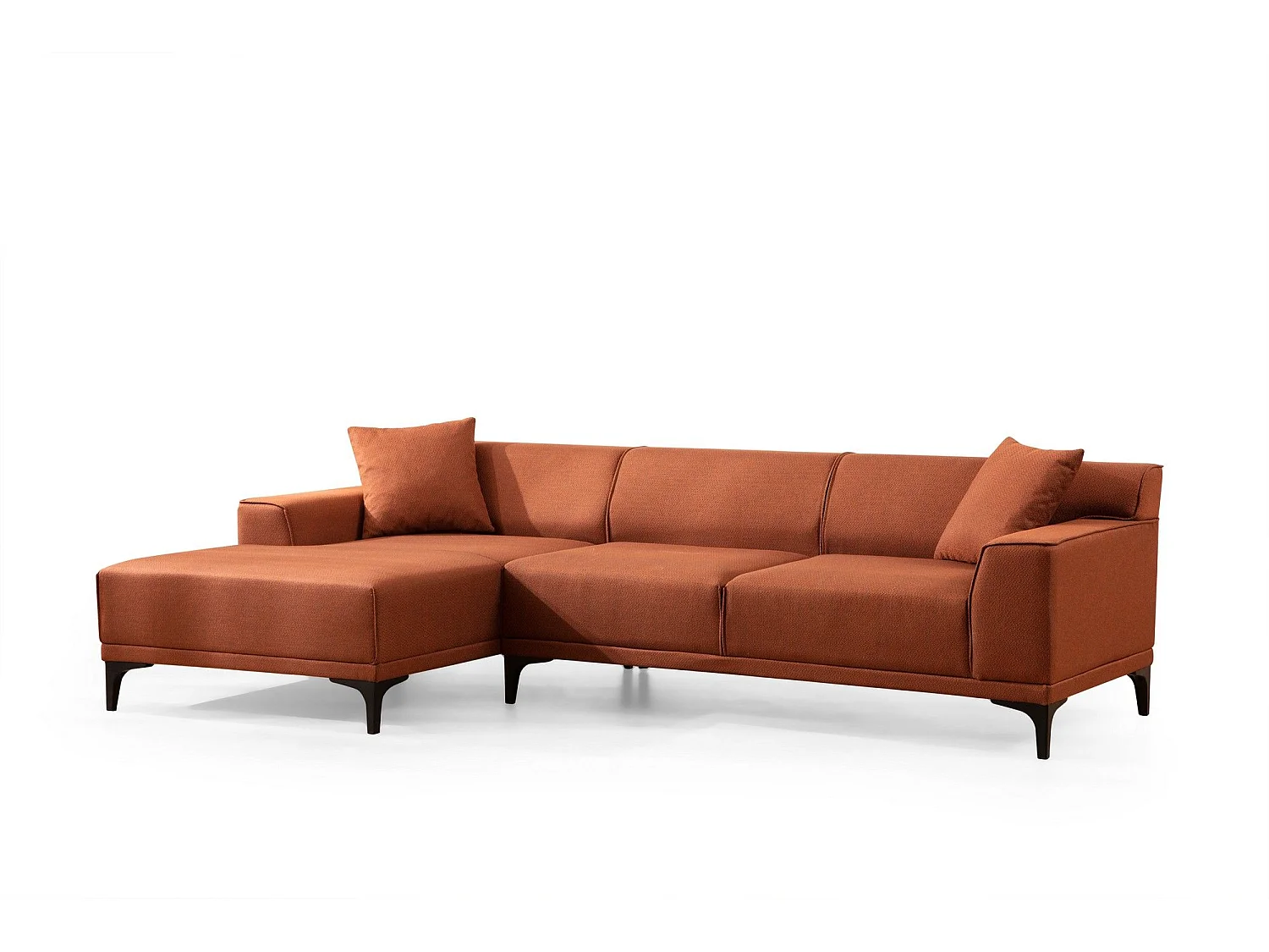 Moderne hoekbank links in oranje stof met 2 kussens Tivano 250 cm