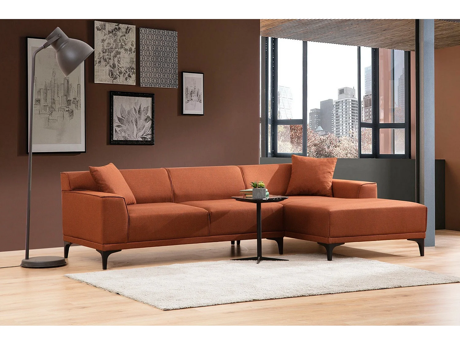 Canapé d'angle à droite avec 2 coussins Navagio Tissu Orange