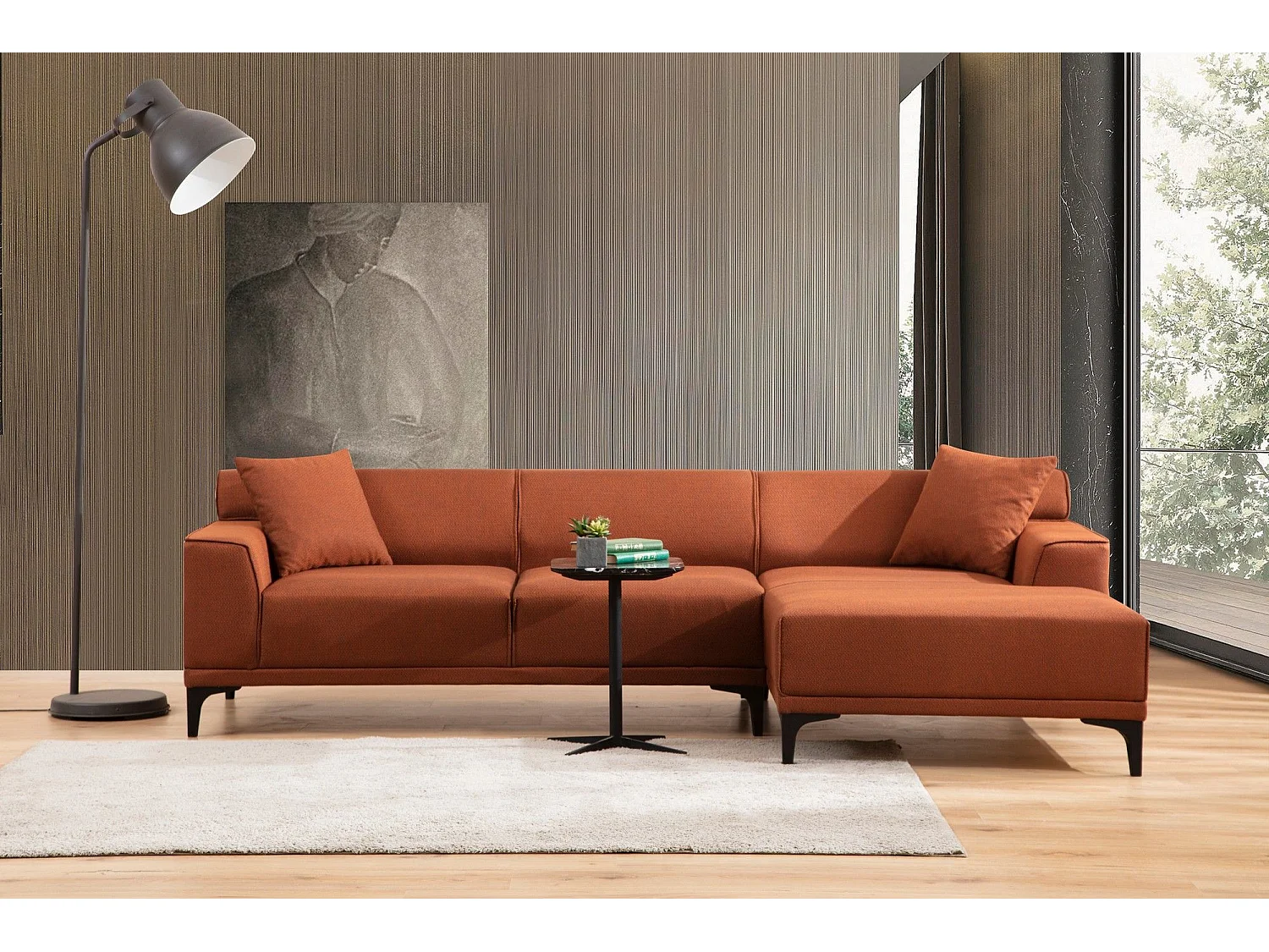 Moderne hoekbank rechts in witte stof met 2 kussens Tivano 250 cm2