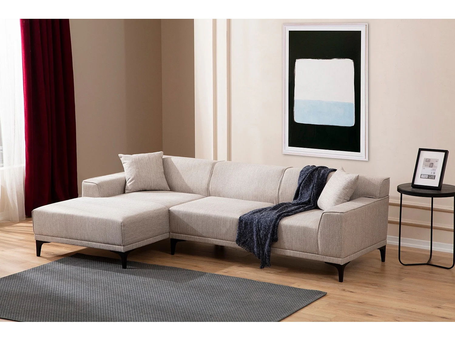 Moderne hoekbank links in witte stof met 2 kussens Tivano 250 cm