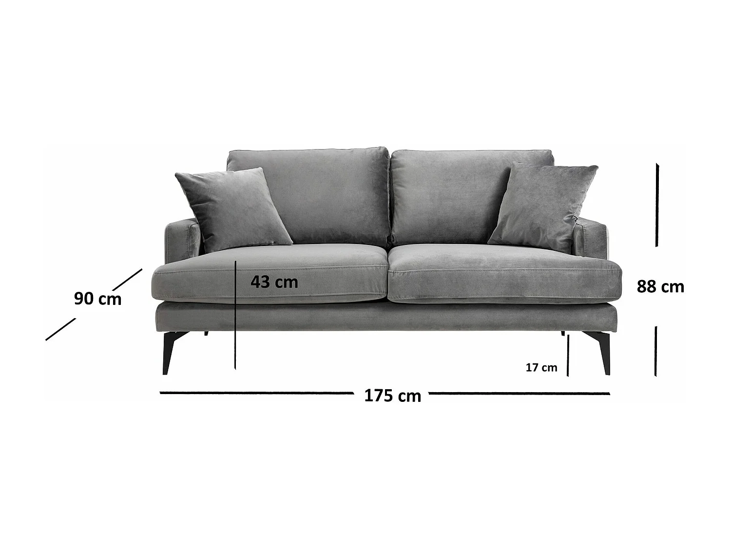 Sofá Altadena 374, Gris, 175x90x88cm, Tapiz, Patas: Metal