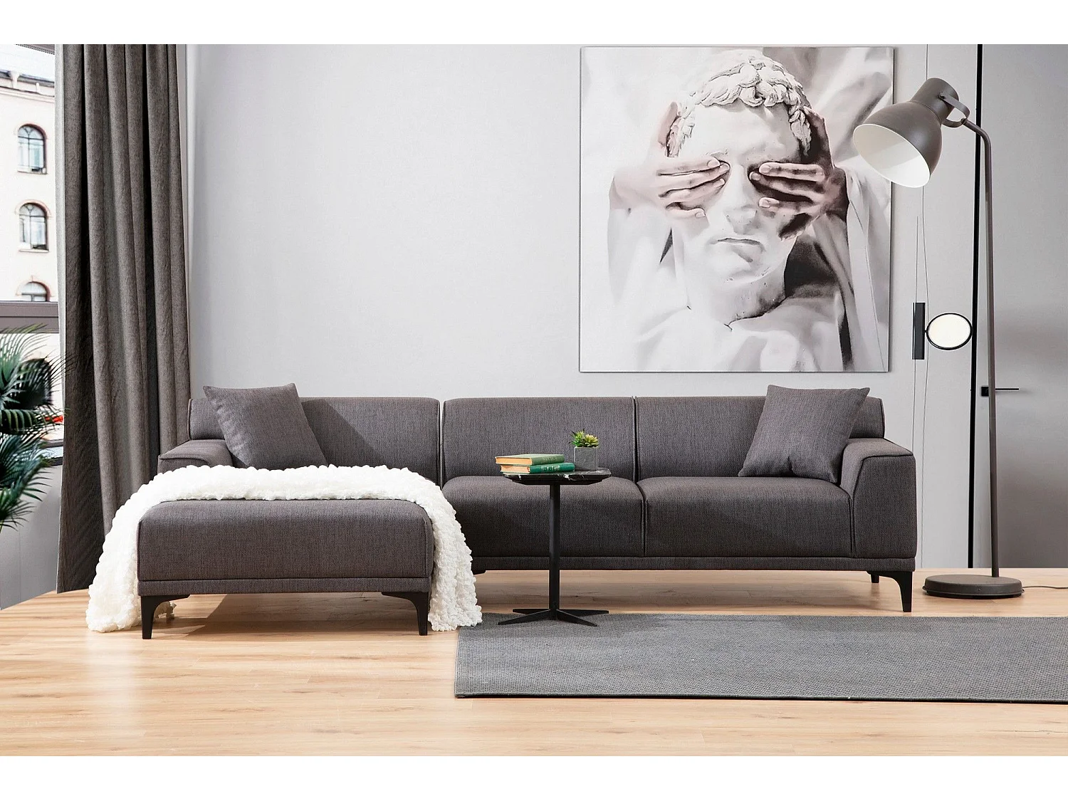 Canapé d'angle gauche avec 2 coussins Navagio Tissu Anthracite