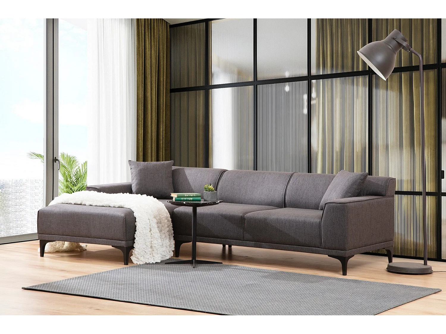 Canapé d'angle gauche avec 2 coussins Navagio Tissu Anthracite