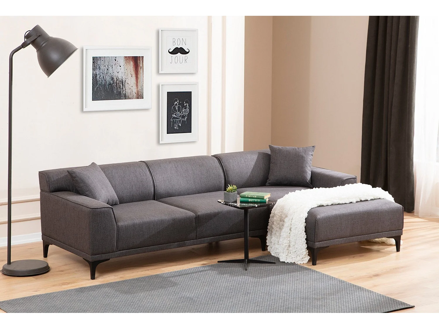 Canapé d'angle à droite avec 2 coussins Navagio Tissu Anthracite