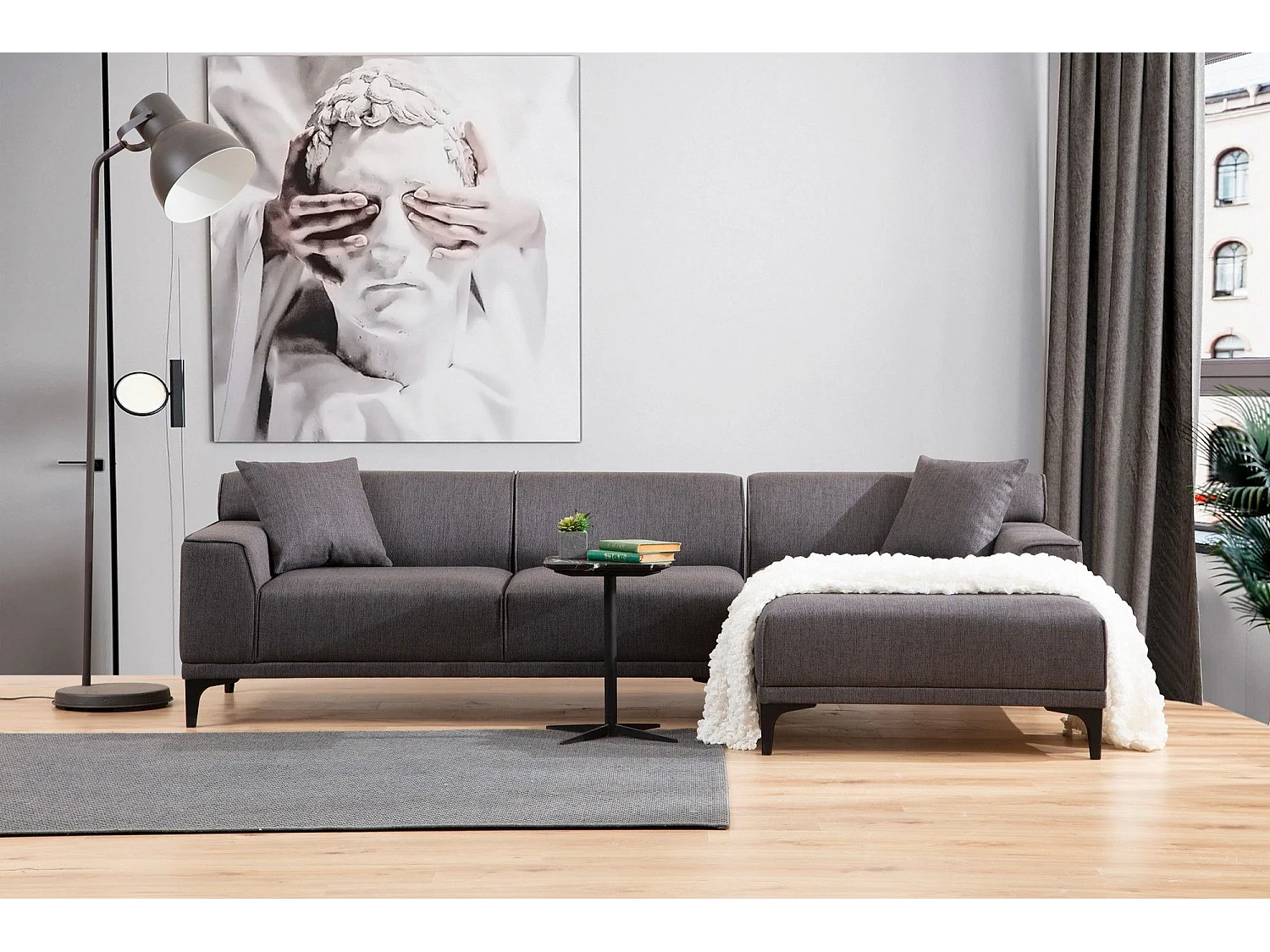 Canapé d'angle à droite avec 2 coussins Navagio Tissu Anthracite