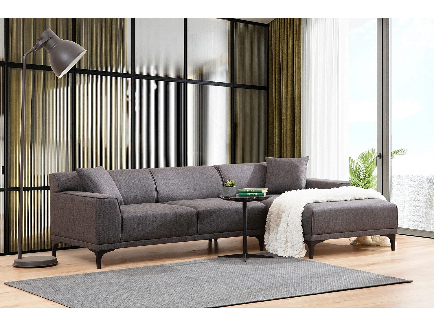 Canapé d'angle à droite avec 2 coussins Navagio Tissu Anthracite