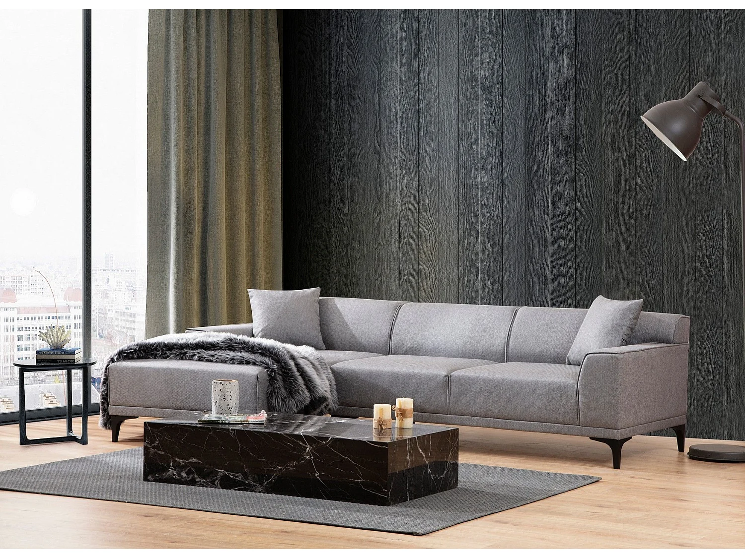 Canapé d'angle gauche avec 2 coussins Navagio Tissu Gris clair