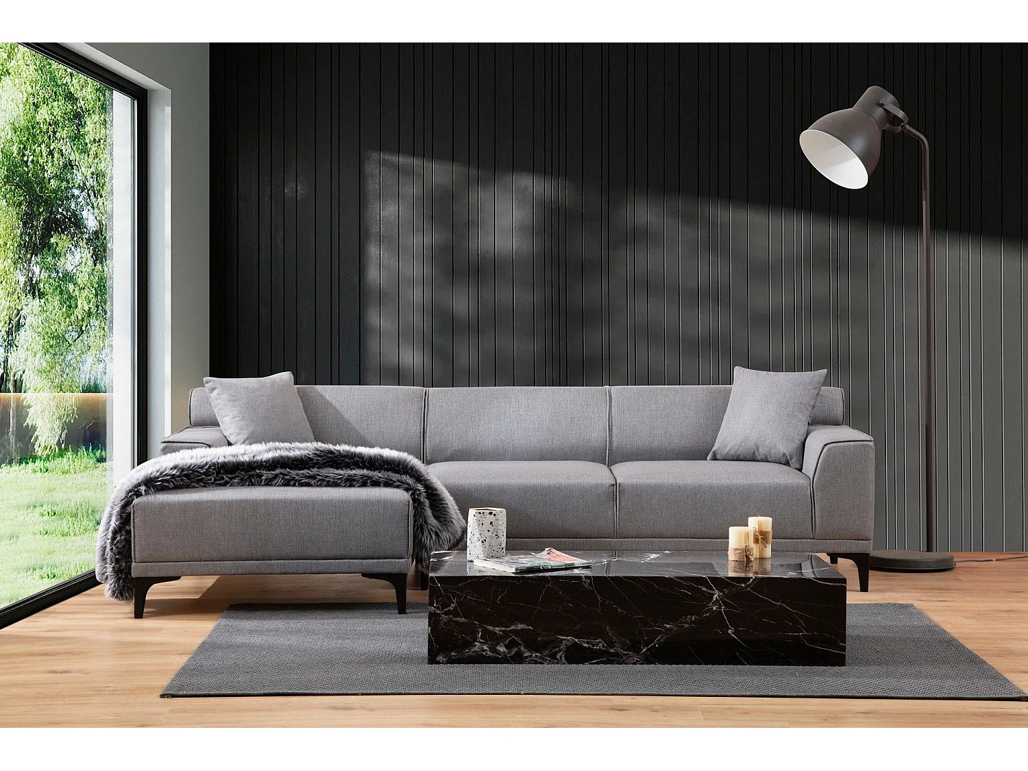 Canapé d'angle gauche avec 2 coussins Navagio Tissu Gris clair