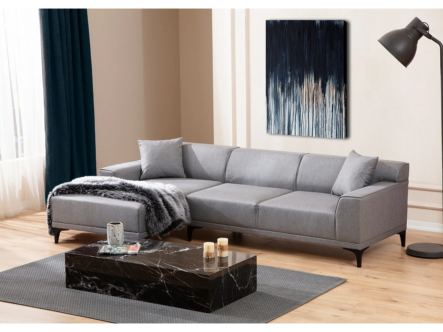 Moderne hoekbank links in lichtgrijze stof met 2 Tivano kussens 250 cm