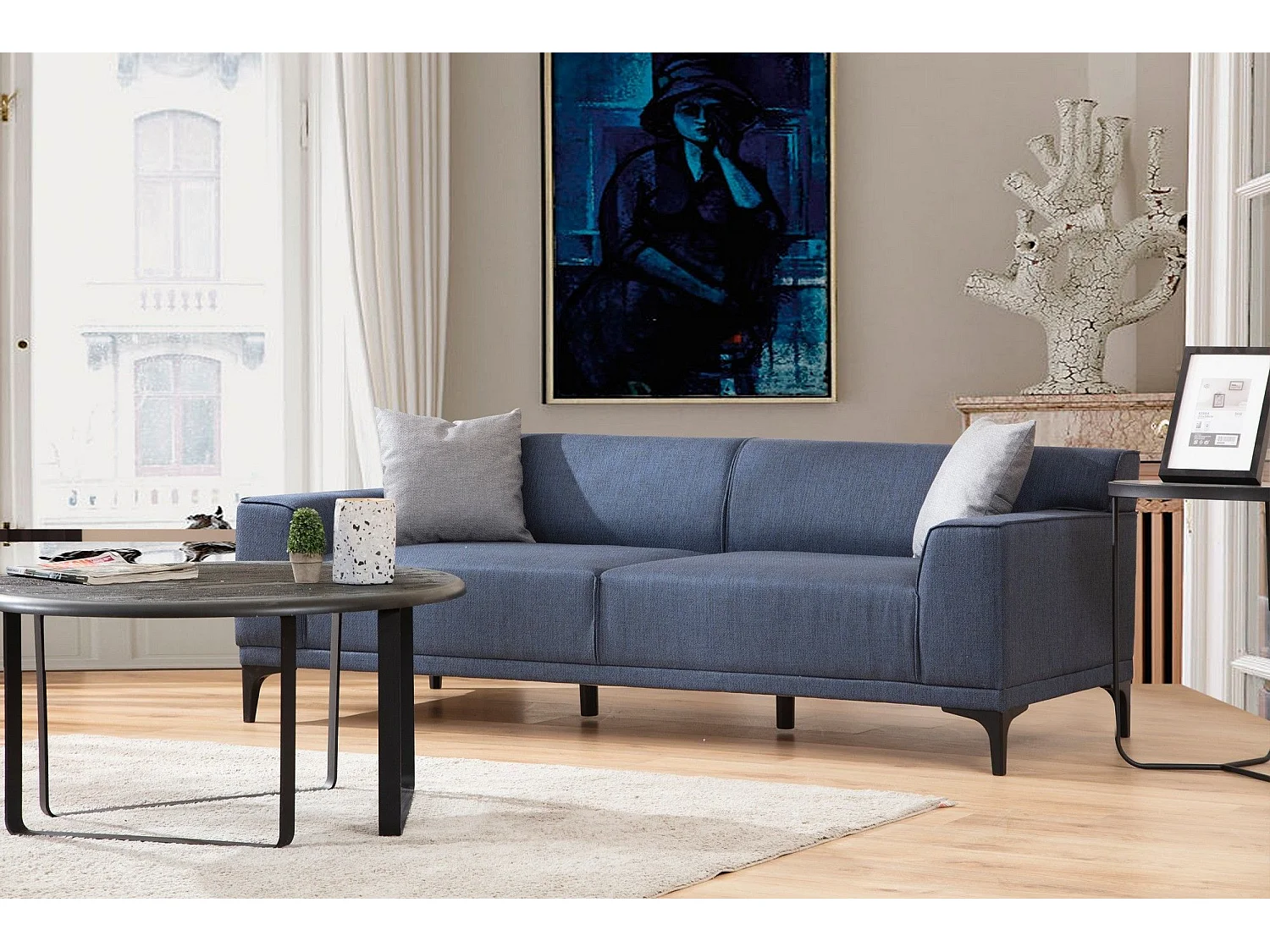 3-zits rechte bank in blauwe stof met 2 Tivano kussens 212 cm