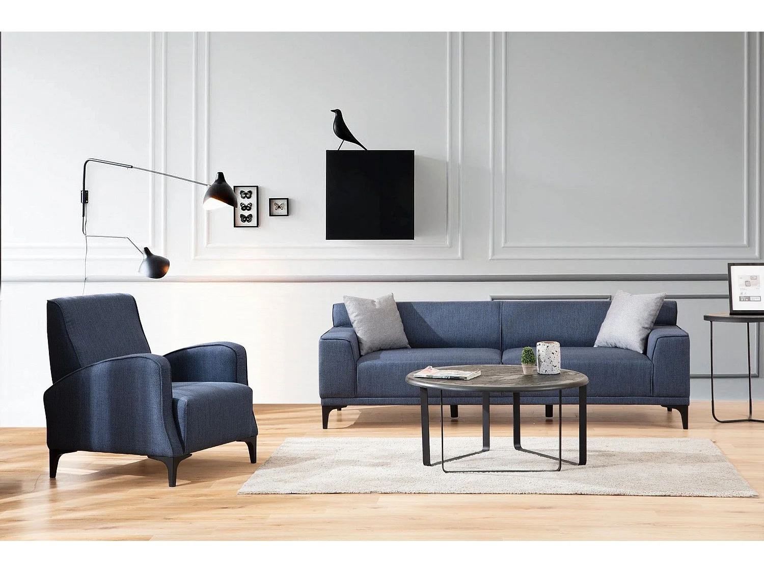 3-zits rechte bank in blauwe stof met 2 Tivano kussens 212 cm