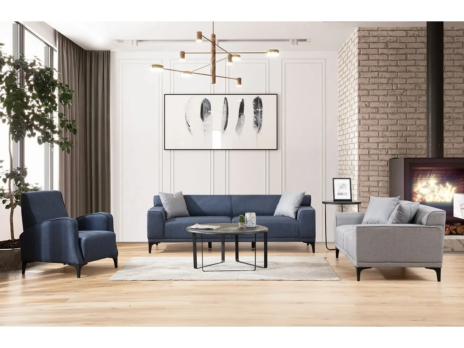 3-zits rechte bank in blauwe stof met 2 Tivano kussens 212 cm