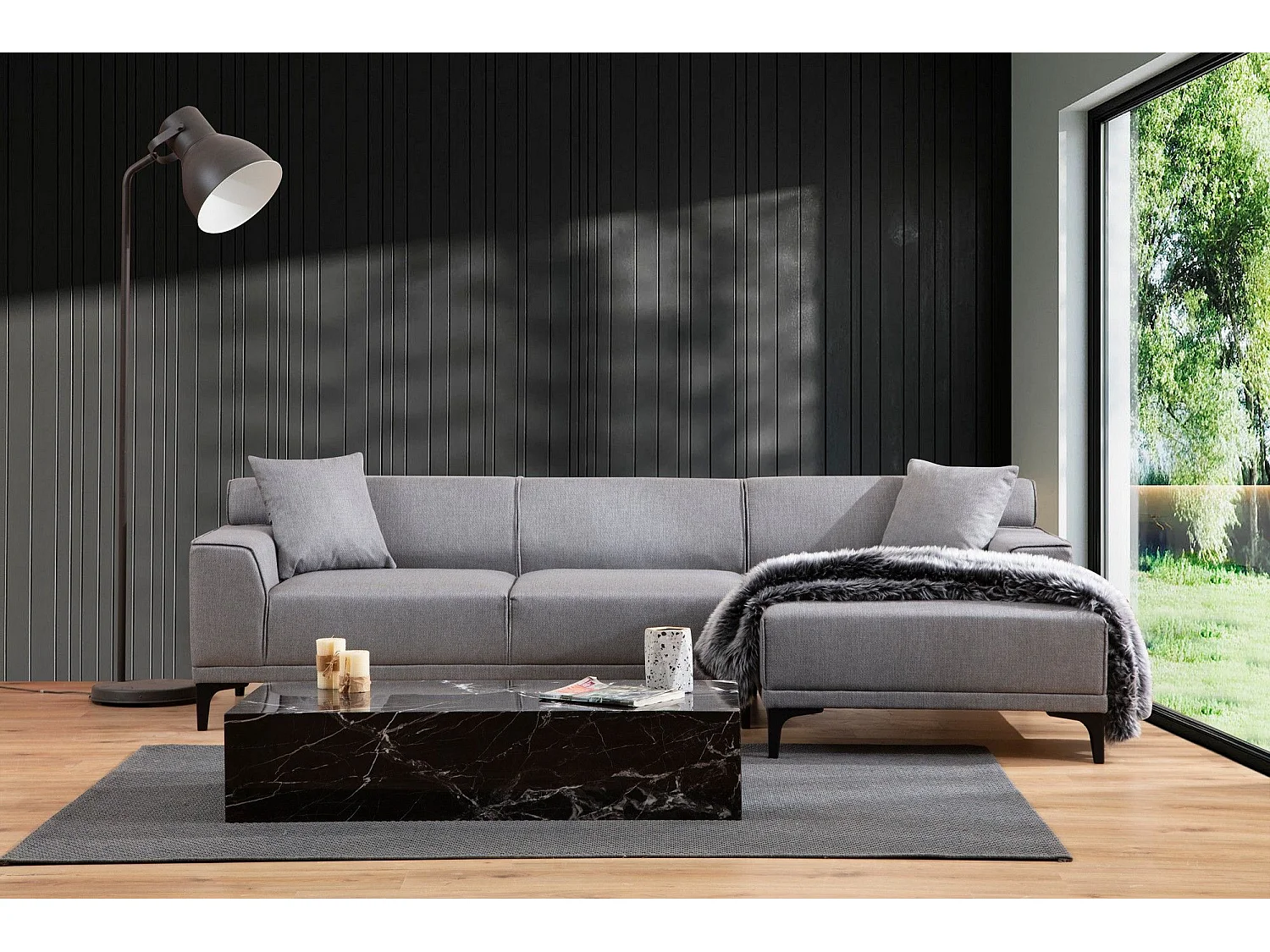 Canapé d'angle à droite avec 2 coussins Navagio Tissu Gris clair