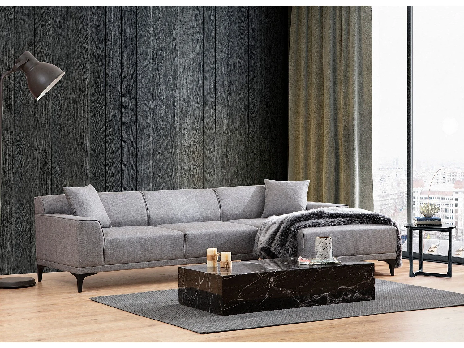 Canapé d'angle à droite avec 2 coussins Navagio Tissu Gris clair