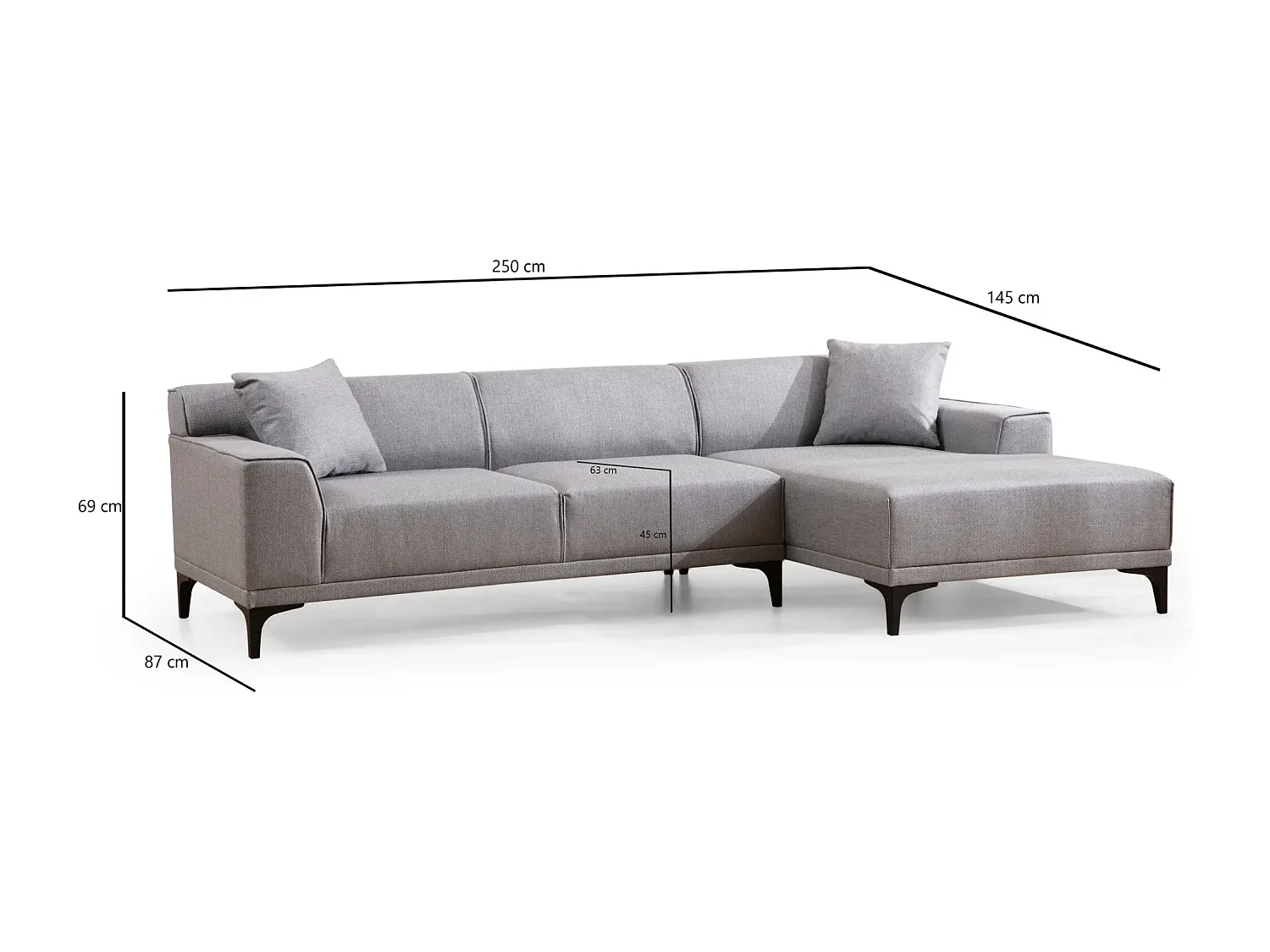 Moderne hoekbank rechts in lichtgrijze stof met 2 Tivano kussens 250 cm