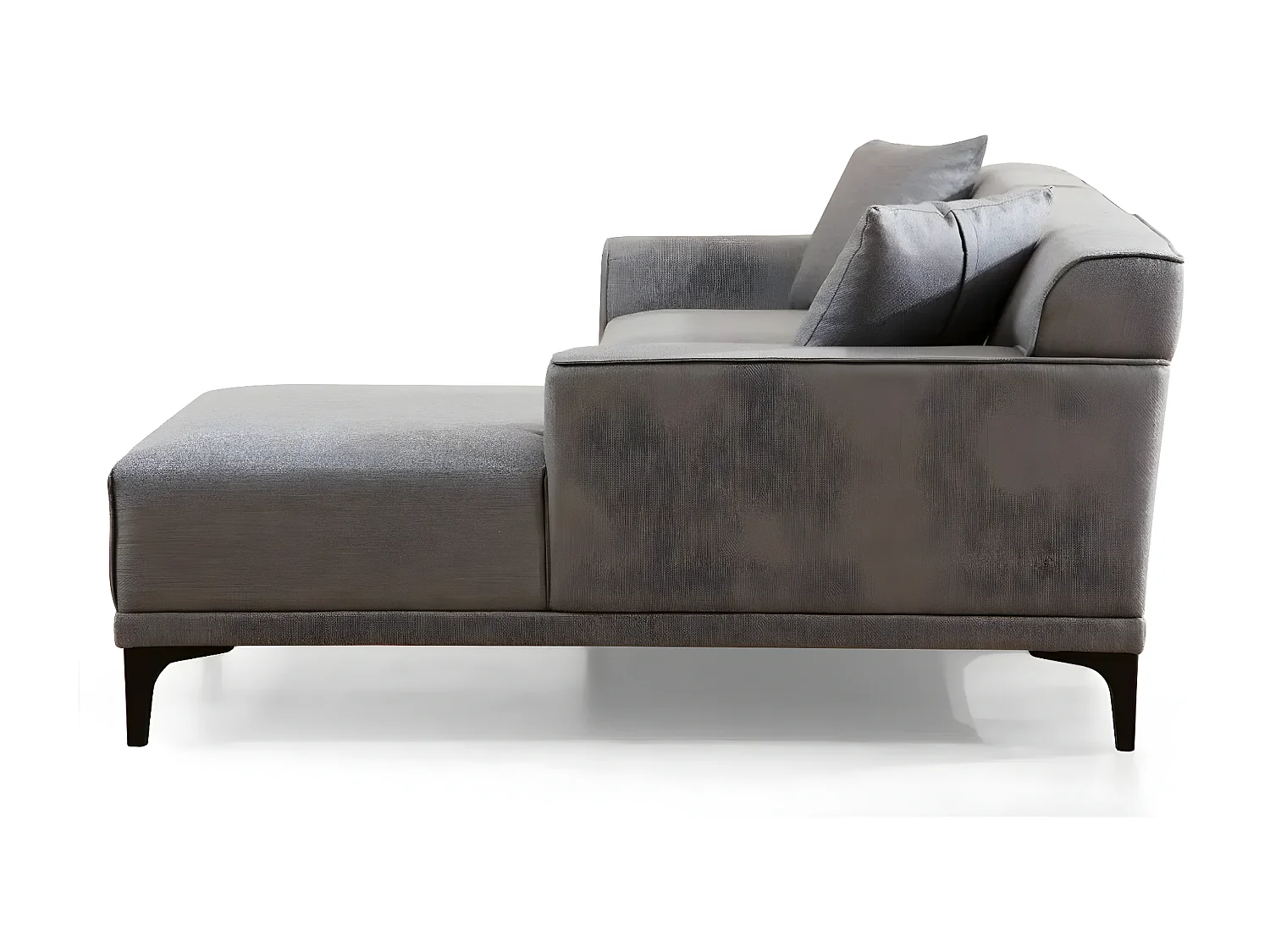 Moderne hoekbank rechts in lichtgrijze stof met 2 Tivano kussens 250 cm